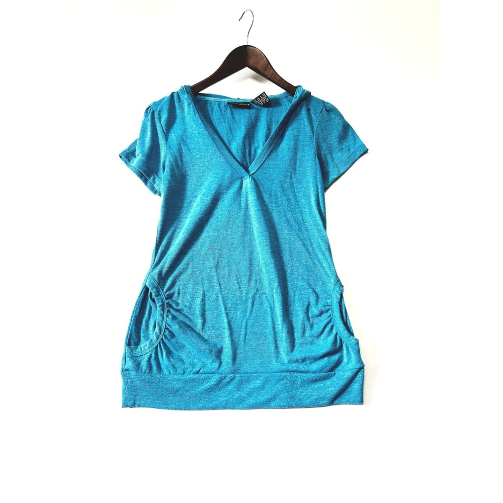 Y2K Licorice Womens Short Sleeve Hoodie V-Neck Teal Metallic Shimmer Top L Prepp